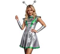 Ensemble de Costumes d'espace pour Femmes Costume d'extraterrestre Métallique Brillant Robe de Soirée Tenue de Fille de l'espace Tenue de Club pour Halloween, Carnaval et Soirée Club