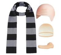 Ensemble de costumes d'Halloween avec écharpe rayée - 4 pièces perruque chauve, filet de tête, faux nez, écharpe rayée | Couvre-chef de fête en filet à nez long et têtes chauves | Accessoires de dégui