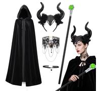 Ensemble de costumes d'Halloween pour femmes - 5pcs - Cape Maleficent avec capuche et coiffe à cornes, baguettes magiques Maleficent collier gothique en dentelle,150cm Cape diabolique diable Carnaval