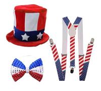 Ensemble De Costumes D'oncle Du Jour De L'indépendance, Chapeau De Drapeau Américain Du 4 Juillet, Costume À Bretelles Avec Nœud Papillon, Accessoires De Déguisement Pour Le Jour De L'indépendance