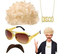 Ensemble De Costumes Hippie Pour Hommes - Perruque Afro Funky, Lunettes De Soleil Rétro, Collier De Paix, Fausse Moustache, Accessoire Capillaire Disco Fever | Tenue Hippie Fantaisie Des Années 70 Et