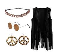 Ensemble de Costumes Hippie Tenues pour Femmes Deguisement Set de Costume Hippie Gilet à Franges Sans Manches Halloween Carnaval Filles Style Années 60s 70s Costumes Hippiques Fête Costumée Chic