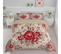 Ensemble de Couette 140x200cm Fleurs Traditionnelles Couette Motifs Orientaux Édredon pour lit 1 Personne sans Housse Edredon Réversible Légère et Chaude avec 1 Taies d'oreiller 65x65 cm, Rouge