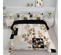 Ensemble de Couette 200x200cm Blocs De Couleur Et Feuilles Couette Style Simple Édredon pour lit 2 Personnes sans Housse Edredon Réversible Légère et Chaude avec 2 Taie d'oreiller 65x65 cm, Crème