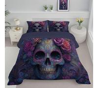 Ensemble de Couette 200x200cm Crâne De Rose Couette Style Artistique Psychédélique Édredon pour lit 2 Personnes sans Housse Edredon Réversible Légère et Chaude avec 1 Taies d'Oreiller 65x65 cm, Violet