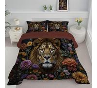 Ensemble de Couette 260x230cm Lion Couette Animaux À Fleurs Édredon pour lit 2 Personnes sans Housse Edredon Réversible Légère et Chaude avec 1 Taies d'oreiller 65x65 cm, Brun
