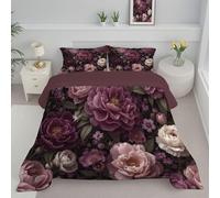 Ensemble de Couette 260x230cm Pivoines Roses Couette Style Campagnard Rétro Édredon pour lit 2 Personnes sans Housse Edredon Réversible Légère et Chaude avec 2 Taie d'oreiller 65x65 cm, Violet Foncé