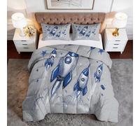 Ensemble de Couette Douce sans Housse Dessiné Main Moderne Espace Fusée pour Futurs astronautes, Légère Réversible Respirante Chaude 4 Saisons avec 2 Taies d'oreiller, 200 x 220 cm, Gris Clair