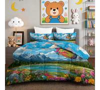 Ensemble de Couette sans Housse 220 x 240 cm Bleu Anime Champ De Fleurs Avec Papillons Et Ciel Bleu Couette 4 Saisons pour Lit 2 Personnes, Edredon Réversible Légère et Chaude, avec 2 Taies d'Oreiller