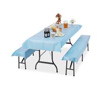 Relaxdays Ensemble pour Tente Coussins, Jeu de 3 pièces, Nappe Table 250x100cm, 2 Housses pour bancs, Lavable,Bleu Blanc