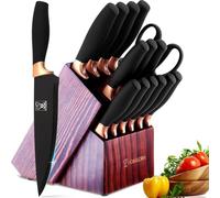 Ensemble de couteaux de cuisine avec bloc, Ensemble de couteaux professionnels en acier inoxydable avec aiguisoir intégré, ensemble de couteaux avec bloc en bois pour les familles de chefs