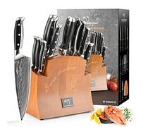 Ensemble de Couteaux de Cuisine en Acier Damas, Ensemble de 16 Lames de Couteaux en Acier Damas Supérieur Couteau de Cuisine Damas Tranchant de Style Japonais avec Poignées Martelées et Bloc en Bois
