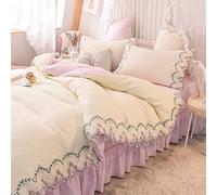 Ensemble de Couvercle de Couette Massif en Coton en Coton lavé, en Dentelle de Couette B 4 pièces avec Jupe de lit Fermeture éclair (Blanc + Reine Rose)