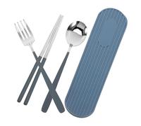 Ensemble de Couverts avec Étui Bleu en Acier Inoxydable de Voyage | Cuillère, Fourchette, Baguettes, Brosse de Nettoyage, Paille, pour Repas à Emporter et École