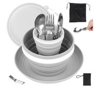 Ensemble de couverts de camping pour 1 personne, assiettes et bols de camping pliants, kit de 7 pièces comprenant couteau, cuillère, fourchette, tasse, bol et assiette, ustensiles de camping, ensemble