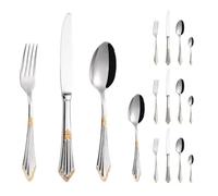 Ensemble de Couverts de Cuisine en Acier Inoxydable Comprenant Couteau, Fourchette, cuillère, Couteau à Steak et Couteau à café (Argent, Or, 16 pièces)