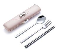 Ensemble de couverts de voyage avec boîte, ensemble de couverts portables pour le déjeuner au travail, ensemble de couverts (rose)