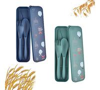 Ensemble de couverts de voyage avec étui, 2 couverts de camping en plastique, Couvert pique nique portables, Ensembles de couteaux fourchettes cuillère Reutilisable pour Travail (Bleu+Vert)