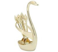 Ensemble de couverts élégant cuillère à dessert à café avec support de cygne vaisselle de ménage or rouge bronze alliage de zinc en acier inoxydable 6 cuillères maison fête café (Golden Cygnus + 6