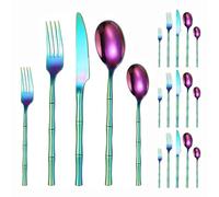 Ensemble de Couverts, Imitation Bambou, Cuisine, Couverts en Acier Inoxydable argenté, Couverts de Table, Couteau à Steak, Fourchette, cuillère à café (Multicolore, 20 pièces)