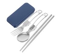 Ensemble de Couverts Pliables en Acier Inoxydable pour Camping | Cuillère, Fourchette, Couteau et Baguettes, Étui Bleu Pratique, Nettoyage Facile, Déjeuner au Bureau ou Usage Quotidien