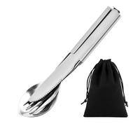 Ensemble de Couverts Portables, 4PCS Couverts de Camping avec Décapsuleur Couteau Fourchette Cuillère, Couverts en Acier Inoxydable avec Sac Noir pour Randonnée Pique-nique Voyage l’ Extérieur Photo