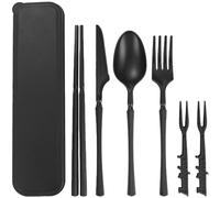 Ensemble de couverts portables avec étui, couverts en plastique réutilisables couteau, fourchette, cuillère, baguettes, vaisselle, couverts de voyage pour camping, pique-nique, bureau, école ou