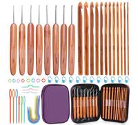 Ensemble de crochets en bois - 20 pièces crochets en bambou, crochets avec aiguilles à broder, porte-mailles, marqueurs de tricot, sac portable pour l'artisanat de tricot domestique