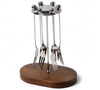 Ensemble de cuillères à café 7 en 1 avec support, cuillères et fourchettes en acier inoxydable avec support en bois pour café, dessert, gâteau, essentiels du bar à domicile, ensemble de fou