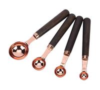 Ensemble de cuillères doseuses en acier inoxydable couleur or rose avec manche en bois, 4 pièces, ustensiles de cuisine pour mesurer les liquides et les condiments.