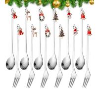 Ensemble De Cuillères Et Fourchettes De Noël,12 Pièces Cuillères A Café,Cuillère A Dessert Avec Pendentif En Acier Inoxydable - Décorations Élégantes Pour Fête De Noël,Table,Café,Dessert(Or)