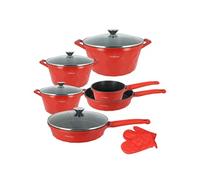 Ensemble de Cuisine 10 Pièces 3 Marmites/2 Poêles/1 Casserole Motif Diamant Cheffinger Rouge