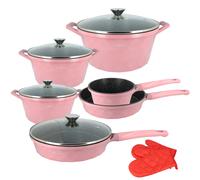 Ensemble de Cuisine 10 Pièces 3 Marmites/2 Poêles/1 Casserole Motif Diamant Rose