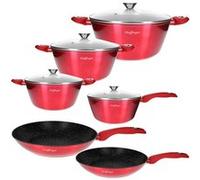 Ensemble de Cuisine 10 Pièces 3 Marmites/2 Poêles/1 Casserole Revêtu en Marbre Cheffinger Rouge