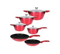 Ensemble de Cuisine 10 Pièces 3 Marmites/2 Poêles/1 Casserole Revêtu en Marbre Rouge