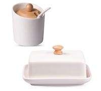 Ensemble de cuisine : beurrier blanc avec couvercle en bambou + sucrier blanc - Boîtes élégantes pour le beurre et le sucre, design moderne pour servir et ranger