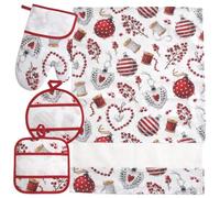 Ensemble de cuisine de Noël Cœurs de Noël (D) avec toile Aïda 55 trous à broder au point de croix : torchon en coton, gant et paire de maniques coordonnées