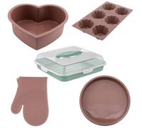 Ensemble de Cuisine en Silicone 5 pièces - Moule en Forme de Cœur, Moule à Tarte Classique, Moule 6 Cavités pour Muffins, Mitaines de Four Chef et Boîte de Transport pour Gâteau - Écologique