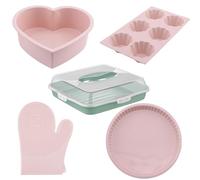 Ensemble de Cuisine en Silicone 5 pièces - Moule en Forme de Cœur, Moule à Tarte Classique, Moule 6 Cavités pour Muffins, Mitaines de Four Chef et Boîte de Transport pour Gâteau - Écologique (Rose)