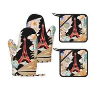 Ensemble de cuisine imprimé Paris Tour Eiffel avec gants de cuisine résistants à la chaleur et maniques antidérapants pour la cuisine quotidienne