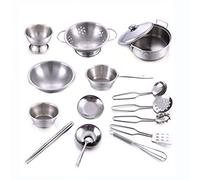 Ensemble de Cuisine pour Enfants en Acier Inoxydable 16 Pièces - Jeu de Simulation Réaliste avec Casseroles et Poêles, 12 Accessoires, Jouets éducatifs Sûrs et Durables pour Les