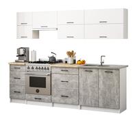 Ensemble de cuisine : six tiroirs, dix portes, neuf étagères, couleur : blanc | béton, dimensions du meuble : l : 240 cm, H : 203 cm, P : 46 cm