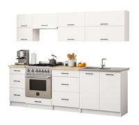 Ensemble de cuisine : six tiroirs, dix portes, neuf étagères, couleur : blanc, dimensions du meuble : l : 240 cm, H : 203 cm, P : 46 cm