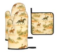 Ensemble de Cuisine Trois pièces avec Gants de Cuisine et Coussin de Couvercle de Casserole résistant à la Chaleur Motif Cowboy Occidental, Cactus du désert et Cavaliers