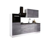 Ensemble de cuisine : trois tiroirs, cinq portes, huit étagères, couleur : blanc / béton, dimensions du meuble : l : 250 cm, H : 220 cm, P : 60 cm