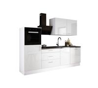 Ensemble de cuisine : trois tiroirs, cinq portes, huit étagères, couleur : blanc / blanc brillant, dimensions du meuble : l : 250 cm, H : 220 cm, P : 60 cm