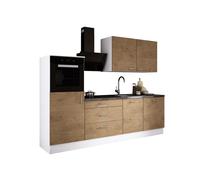 Ensemble de cuisine : trois tiroirs, cinq portes, huit étagères, couleur : blanc / chêne Lancelot, dimensions du meuble : l : 250 cm, H : 220 cm, P : 60 cm