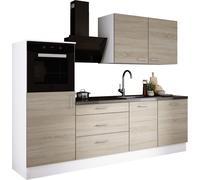 Ensemble de cuisine : trois tiroirs, cinq portes, huit étagères, couleur : blanc / chêne Sonoma, dimensions du meuble : l : 250 cm, H : 220 cm, P : 60 cm