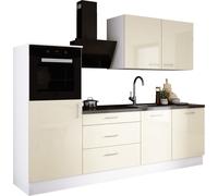 Ensemble de cuisine : trois tiroirs, cinq portes, huit étagères, couleur : blanc / crème brillant, dimensions du meuble : l : 250 cm, h : 220 cm, p : 60 cm