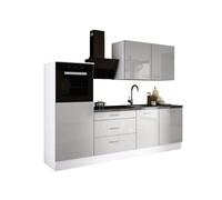 Ensemble de cuisine : trois tiroirs, cinq portes, huit étagères, couleur : blanc / gris glacé, dimensions du meuble : l : 250 cm, H : 220 cm, P : 60 cm